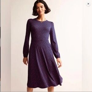 Boden Camille Jersey Midi Dress Navy Blue Red Polka Dot Pockets Sz 14 LONG